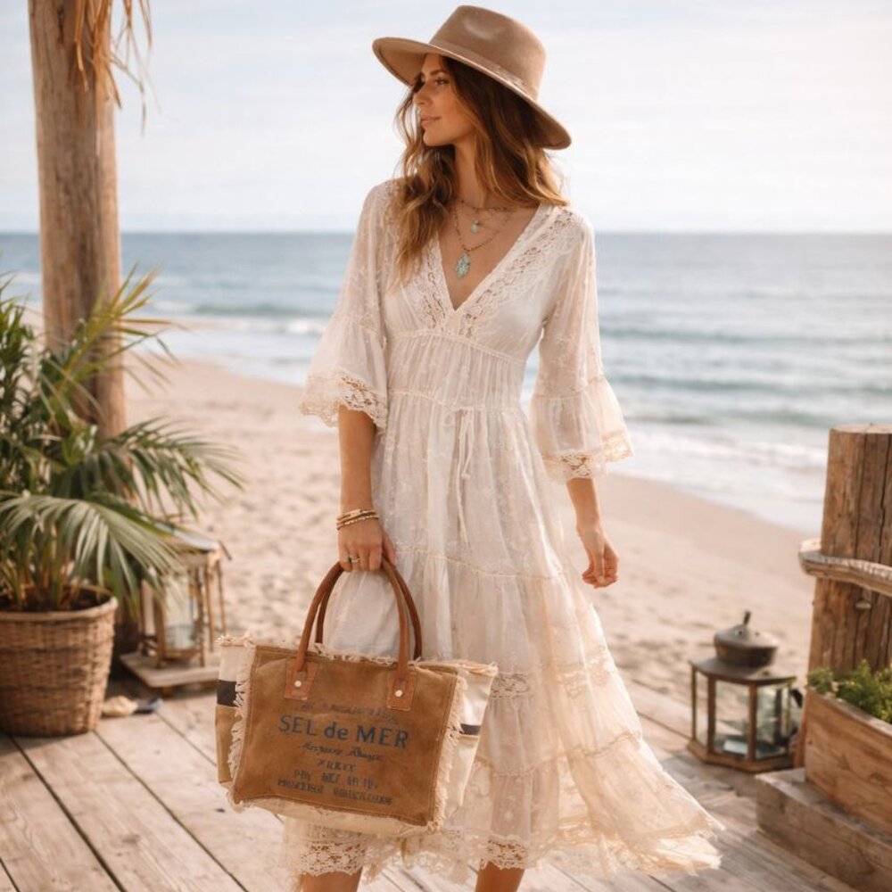 Myra Bag Canvas & Leather Fringe Tote Boho Western Style 16.9" x 9.4" x 5.1"